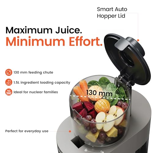 Image of DYLECT NutriMax Cold Press Juicer for Home | 130mm Wide Chute | Unique Compact Design | Reverse Function | Advanced Safety Features | Easy Assembly & Cleaning | All Types:Hard, Soft & Leafy