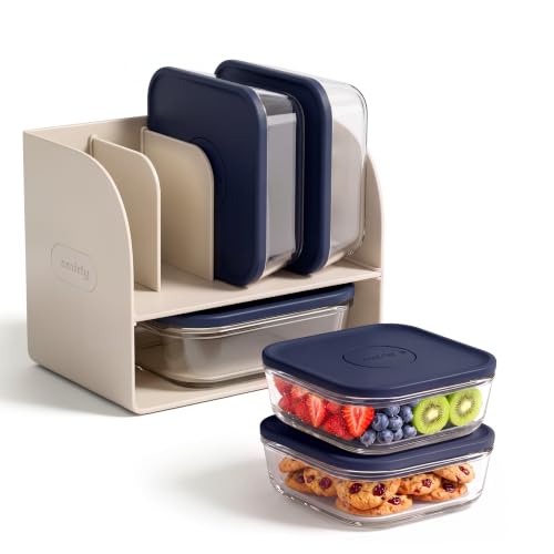 SMIRLY Glass Food Storage Containers with Lids & Organizer, 5-Pack (Blue)