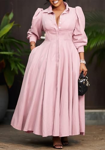 Womens Long Sleeve Shirt Dress Swing Pleated Plus Size Dresses with Pockets Casual Elegant Business Maxi Dress3