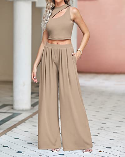 Btfbm Women 2 Piece Outfits Spring Summer Tracksuits Mock Neck Sleeveless Cutout Crop Top Wide Leg Long Pants Sweatsuits(Solid Khaki, X-Large) #TOP7