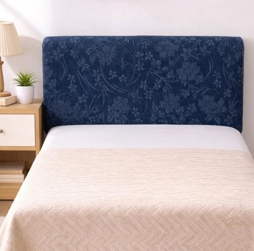 Image of HOMETHREADS Stretchable Velvet Headboard Cover | Soft, Dust-Proof & Wrinkle-Resistant Bed Back Protector | Fits Leather, Wooden & Fabric Bedsides |for 3ft to 3.5ft Beds (Navy, 90x65Cm)