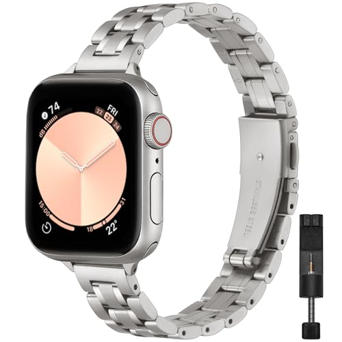 Image of STIROLL Thin Replacement Band Compatible for Apple Watch 38mm 40mm 41mm 42mm-Series 11 10, Metal Wristband Women Men for iWatch Ultra SE Series 9 8 7 6 5 4 3 2 1, Titanium (No Case)