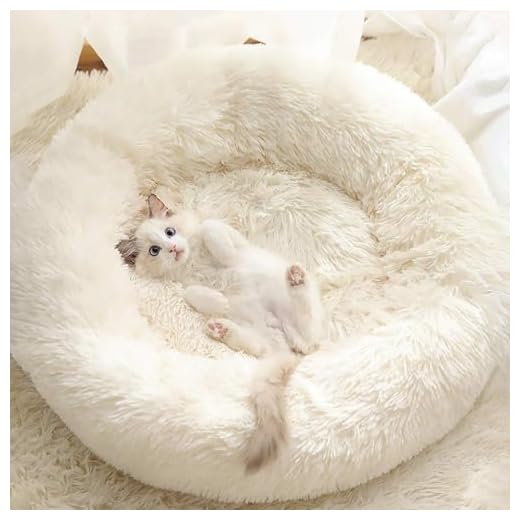 Gavenia Cat Beds for Indoor Cats,20’’x20’’ Washable Donut and Dog Bed,Soft Plush Pet Cushion,Waterproof Bottom Fluffy Calming Self-Warming Bed Sleep Improvement,White
