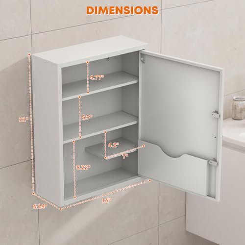 Image of Medicine Cabinet with Dual Key Lock, Wall Mounted First Aid Cabinet, Pill Bottle Organizer Storage for Home Office & School Use 16 inch W x 6 inch D x 21 inch H (White)
