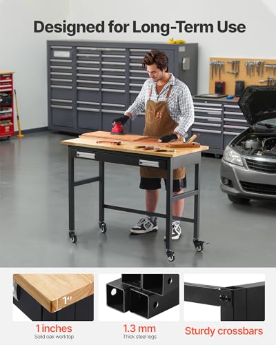 Image of VEVOR Workbench, 48-inch Garage Workbench with Drawer Storage & Wheels, 1500 lbs Load Capacity Workshop Bench on Wheels, Heavy Duty Oak Wood Top Work Table for Garage, Workshop, Office, and Home