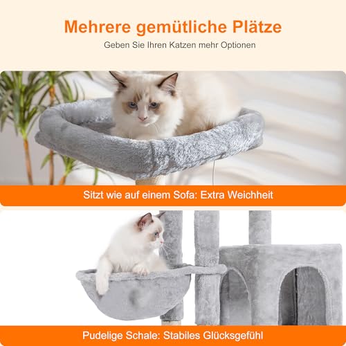 Heybly Kratzbaum mit Katzenbürste, Katzenbaum für Hauskatzen mit Gepolsterter Sitzstange aus Plüsch, Katzenkratzbaum mit Korb, Kratzbrett und Kratzbaum, Hellgrau HCT005SW
