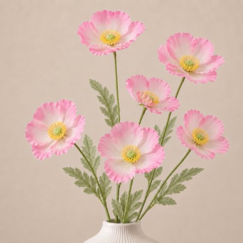 Image of CURATED CART Artificial Poppy Flowers - 2PCS 70cm Real Touch Silk Stems with 4 Blooming Heads - Pink Fake Flowers for Home Decor, Wedding Centerpieces, Table Arrangements, Party Decorations (No Vase)