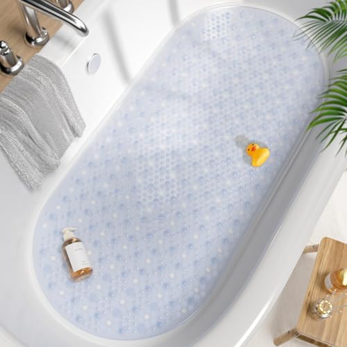 HITSLAM Alfombra bañera Antideslizante Oval, 88x40cm Alfombrilla de baño de Burbujas con Ventosa sin BPA, Alfombra de Ducha Antideslizante Resistentes al Moho y Lavables a máquina, Transparente