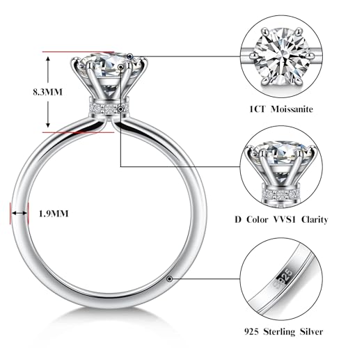 1CT Moissanite Engagement Ring for Women 6 Prongs Round Cut Solitaire Ring 925 Sterling Silver D Color VVS1 Wedding Promise Ring for Her2