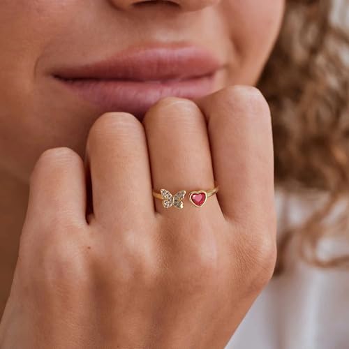 JSJOY Birthstone Rings for Women Non Tarnish Butterfly Heart Rings Dainty 14K Gold Stakble Ring Birthday Gifts for Her Adjustable Waterproof Jewelry for Women Mothers Day Gifts for Mom Her Wife3