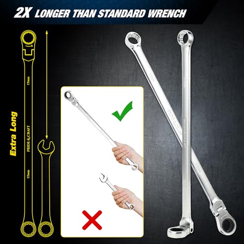 Image of PRIDE&CRAFT Extra Long Ratcheting Wrench 17mm, Metric Flex Head Double Box End, 2X Longer Wrenches, Chrome Vanadium Steel with 90-Tooth Ratchet for Automotive Repair