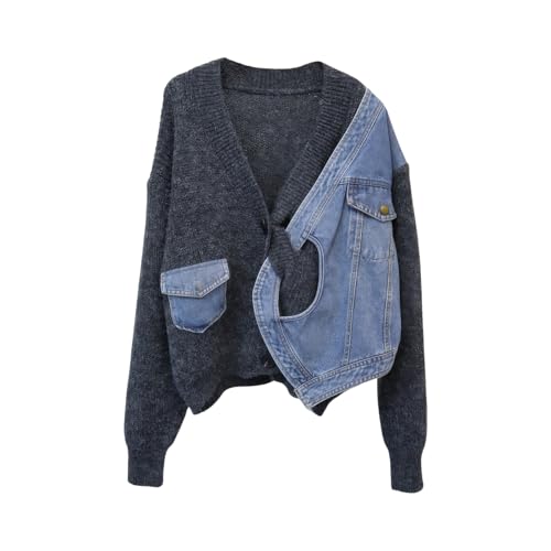ebossy Womens Spliced Denim Knit Cardigan Trendy Open Front Button Up Oversized Loose Sweater Coat with Pockets