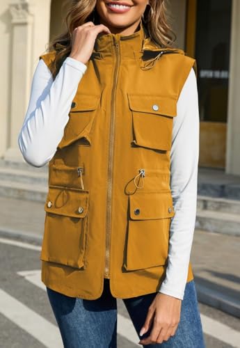 Image of PESION Womens Packable Military Utility Vests Outerwear Waterproof Windbreaker Jacket Cargo Vest with Removable Hood