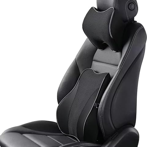 Ovyuzhen Lumbar Support and Car Neck Pillow for Office Chair and Car Seat ，Softness Memory Foam Erognomic Seat Cushion with Adjustable Strap，Comfortable Ergonomic Design (Black, Polyester) Cover