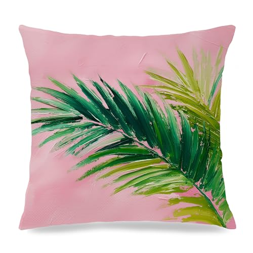 Image of Summer Pink and Green Tropical Palm Leaf Decorative Throw Pillow Cover Decor 18x18,Palm Leaf Botanical Decorative Lumber Beach Plant Throw Pillow Cover for Cabin Couch Double-Sided