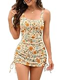 Women Ribbed One Piece Swimsuit - Swim Dress with Drawstring Modest Bathing Suit with Bottom Orange Flower Medium