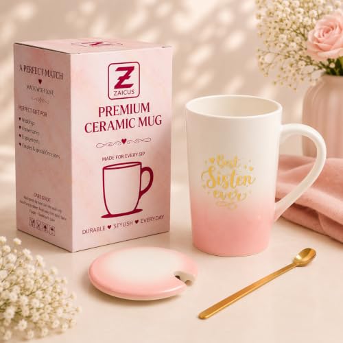 Image of ZAICUS Best Sister Ever Coffee Mug with Lid & Spoon, Rakhi Gift for Sister | Suitable for Hot & Cold Beverages | Ceramic Mug | Elegant White & Pink Gradient Finish