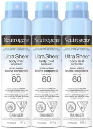 Neutrogena Ultra Sheer Body Mist Sunscreen SPF 60 – 3 x 141g Lightweight, Broad-Spectrum Sun Protection