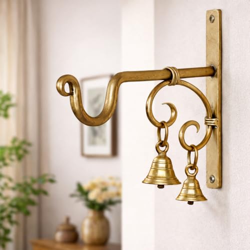 Image of Antique Brass Wall Bracket with Bells | 7.5 Inch Heavy Duty Wall Hanging Hook (Pack of 1) for Plants, Lanterns, Bird Feeders & Wind Chimes | Indoor Outdoor Decor