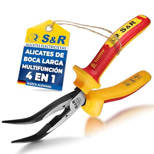 S&R Alicates de punta redonda curvada 200 mm. Alicates de electricista con aislamiento VDE hasta 1000V en acero C70, templado en caliente y por inducción, HRC 66