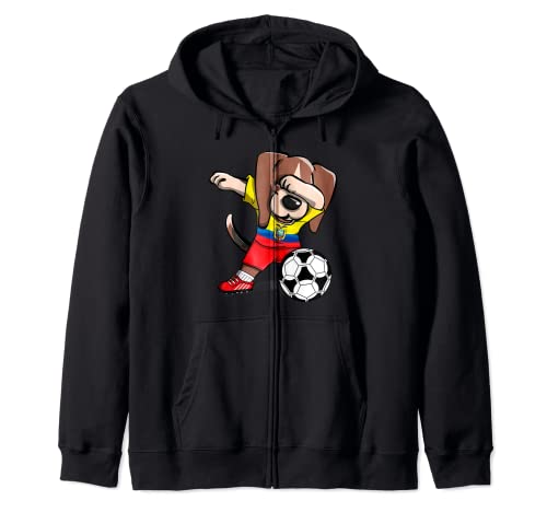 Dabbing Beagle Ecuador Soccer Fans Jersey Ecuadorian Flag Zip Hoodie, Black