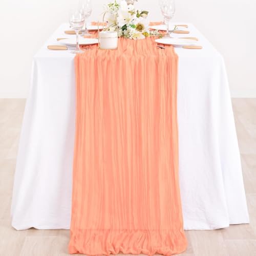 Image of MLMC Peach Pink Cheesecloth Table Runner 10ft Sheer Gauze Coral Cheese Cloth Table Runner Summer Dinning Decoration 35x120 Inches for Wedding Bridal Baby Shower Party Decor
