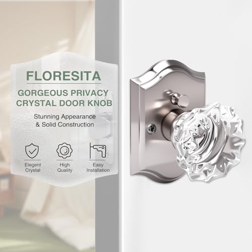 Crystal Door Knobs, Stain Nickel Glass Door Knobs Interior Rose Shape with Lock Privacy Function, Vintage Antique for Bedroom Bathroom