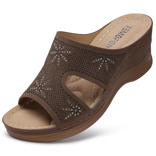Image of TEMOFON Women Wedge Sandals Dressy: Comfortable Lightweight Summer Shoes | Low Wedge Heel - Fit Wide Feet - Comfy Stylish Slip on Sandals Size 5-11