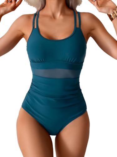 One Piece Swimsuit Women Tummy Control Scoop Neck Mesh Bathing Suit Cirss Cross Adjustable Straps Modest Swimwear
