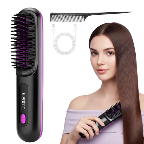Go Brush Pro for Short Hair - 2026 Mothers Day Upgraded Cordless Straightening Brush with Fast Heat 3 Temperature Settings Ionic & Ceramic Care USB-C Rechargeable for Frizz-Free Styling (Black)