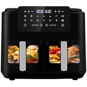 LLIVEKIT Heteluchtfriteuse met 2 laden, heteluchtfriteuse zonder olie, 9 liter, XXL, airfryer met led-touchscreen, kijkvenster, 9 programma’s, Match Cook & Smart Finish-functie, 2400 W, zwart