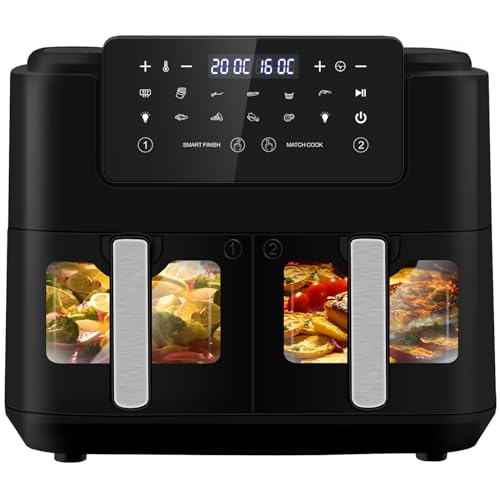 LLIVEKIT Heteluchtfriteuse met 2 laden, heteluchtfriteuse zonder olie, 9 liter, XXL, airfryer met led-touchscreen, kijkvenster, 9 programma's, Match Cook & Smart Finish-functie, 2400 W, zwart