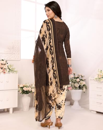 Image of Yashika Women's Printed Dress Material - Unstitched Crepe Fabric Kurti, Pants & Dupatta Set