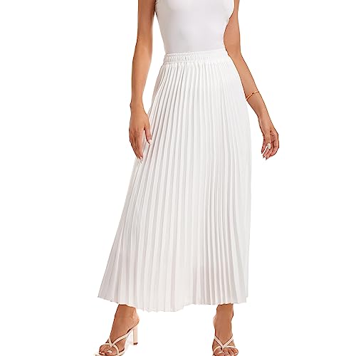 TEERFU Womens Elastic High Waist Flowy Pleated Skirt Chiffon Swing A-line Beach Maxi Skirt White