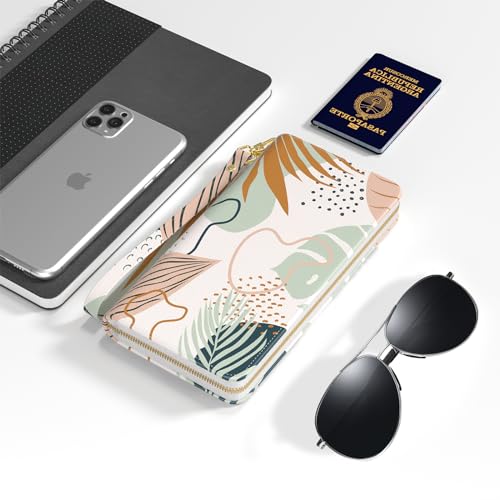 Image of Nipichsha Womens Wallet, RFID Wristlet Wallet for Women, Cute Ladies Purse, Large Credit Card Clutch Purse, Leather Card Holder Wallets with Zipper & Phone Holder, Boho Leaves
