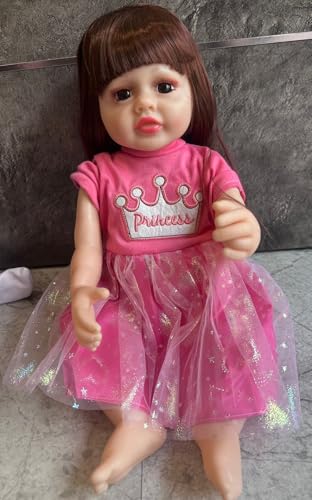 Image of Realistic Baby Doll with Pink Striped Floral Dress, Long Brown Hair, Soft Vinyl Body, 25cm Height, Movable Limbs, Matching Hair Bow