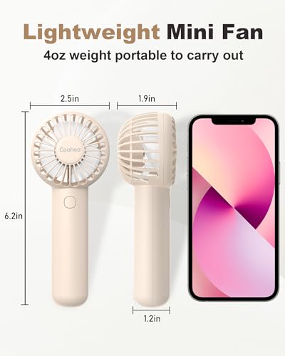 Coohea Mini Handheld Fan, Small Cute Design, 3 Powerful Speeds, USB Rechargeable Battery Operated, Personal Portable Fan with Base & Lanyard, for Eyelash Makeup Travel Beach Office Desk, Beige
