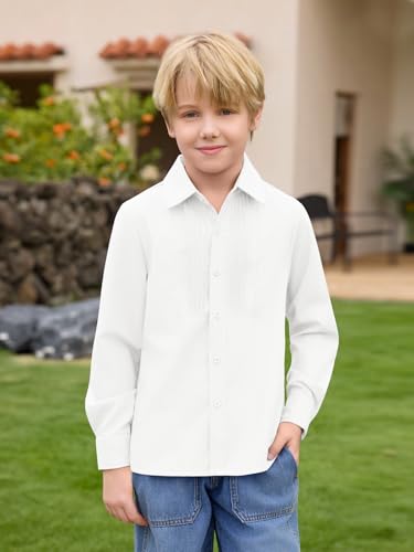 Haloumoning Boys Pleated Front Long Sleeve Dress Shirts Kids Button Down School Uniform Shirt 5-14 Years2