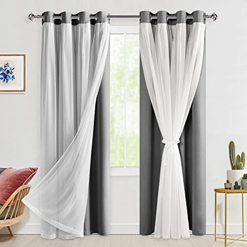 Image of Hiasan Grey Blackout Curtains with Sheer Overlay, Grommet Thermal Insulated Privacy Mix & Match Double Layer Room Darkneing Curtains for Bedroom, Living Room, 2 Window Panels with Tiebacks, 52W X 84L