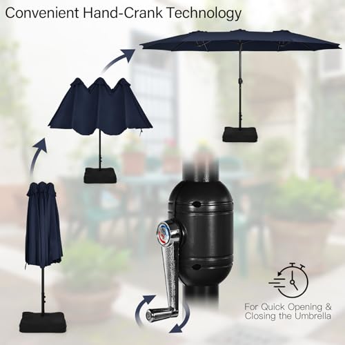 Image of Tangkula 15FT Double-Sided Patio Umbrella with Base, Extra-Large Market Umbrella W /Crank System, Outdoor Twin Umbrella W / 12-Rib Metal Structure & Air Vents for Garden, Backyard, Poolside (Navy)