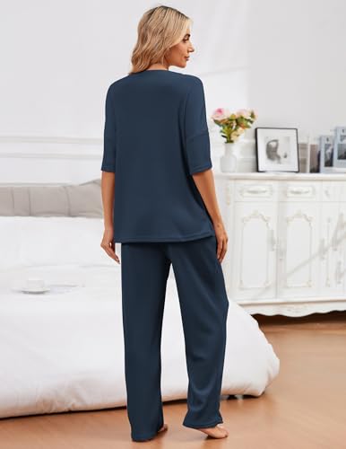 Image of JiniGolla Womens Pajama Sets Waffle Knit Short Sleeve Shirt with Long Pajama Pants Soft Sleepwear Pj Lounge Sets