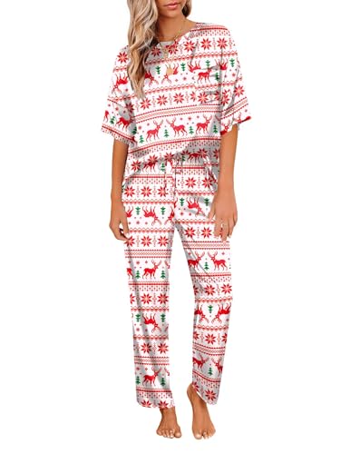 Image of Ekouaer Womens Satin Silky Pajama Set Short Sleeve Shirt with Long Pajama Pant Set Soft PJ Loungewear