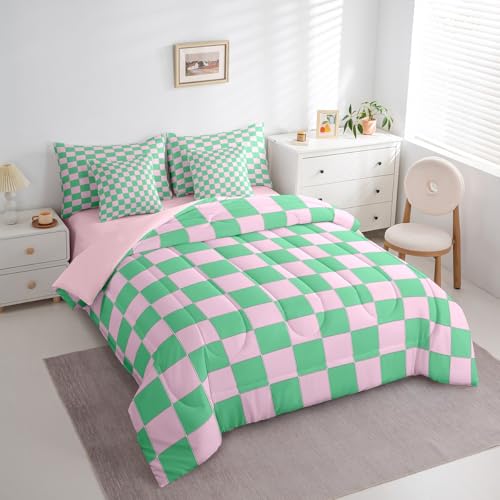 Image of Erosebridal Girls Cute Plaid King Comforter Set with Sheets 7 Piece,Pink Green Checkered Bed in A Bag for Kids Teen Geometric Checkerboard Bedding Sets,Aesthetic Grid Bed Set with Comforter