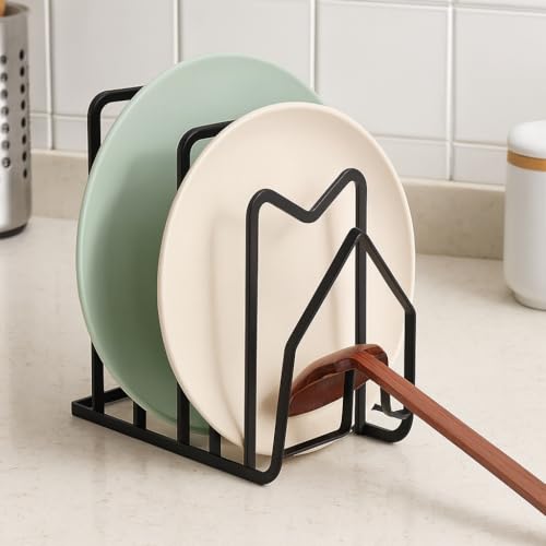 Image of Countertop Dish Rack & Plate Stand - 4-Compartment Iron Dish Drying Rack, Space-Saving Black Kitchen Organizer (6 x 9 x 9.25 Inches)