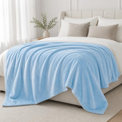 Light Blue Fleece Plush Throw Blanket 90"x90"for Couch Fuzzy Cozy Flannel