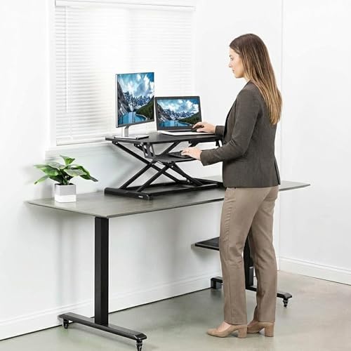Image of TARKAN Standing Desk Converter, Height Adjustable Workstation, Hydraulic Sit Stand Desk Riser (65cmx40cm TableTop, 50cm Height) (Black)