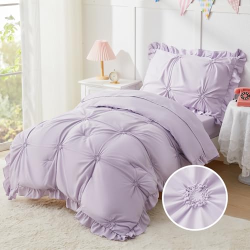 Image of Princess Toddler Bedding Set for Girls, 4 Piece Ruffles Jacquard Embroidery Toddler Bed Sheets with Boho Toddler Comforter, Fitted Sheet, Flat Sheet and Pillowcase, Purple