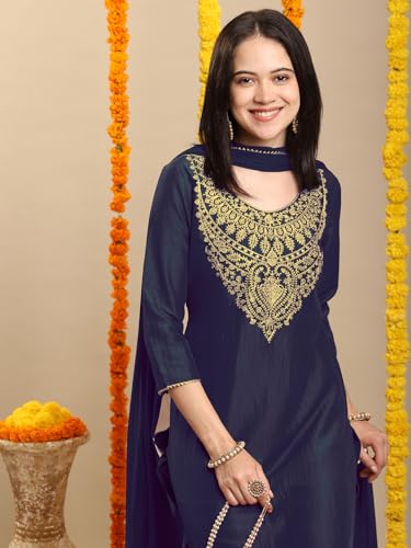 Image of GoSriKi Women's Rayon Viscose Embroidered Straight Kurta with Pant & Dupatta