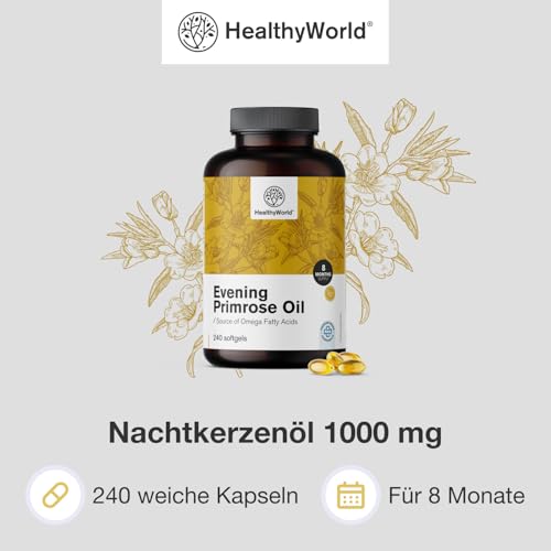 HealthyWorld® Nachtkerzenöl 1000 mg – 240 Weichkapseln – Natürliche Quelle für Omega-6 und Omega-9 – Hoher GLA-Gehalt – 8-monatiger Vorrat – Gluten- und Laktosefrei