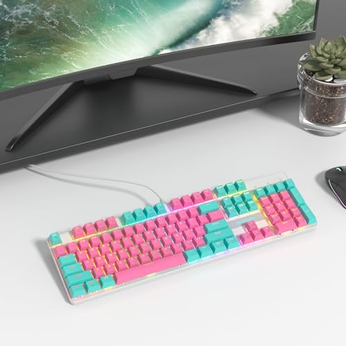 Image of Full Size Mechanical Keyboard, Creamy Keyboard with Number Pad, 104 Keys Wired Gaming Keyboard, Pink Keyboard with Red Switch, RGB Backlit for PC Laptop(Miami)